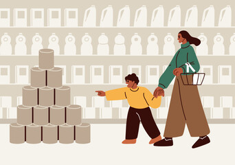 Mother and kid in supermarket. Mom and child, black people shopping in hypermarket. Consumer, buyer in store, choosing products on shelves, boy pointing, asking to buy. Flat vector illustration