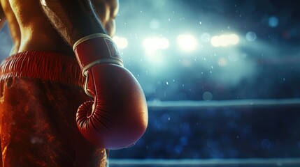 Close-Up Boxer Ready in Ring with Red Boxing Gloves.