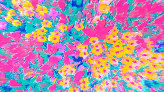 Abstract neon pink, yellow, turquoise spring summer polygonal animated flowers with relief mesh grid background, interlaced digital motion glitch effect. 90s, 2000s rave festival psychedelic design