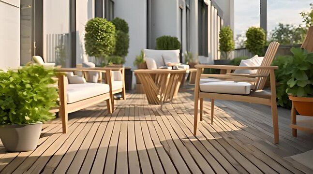 Backyard terrace with wooden floors and outdoor furniture