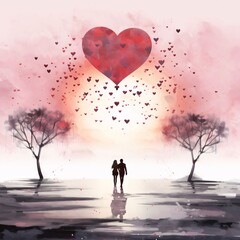 Silhouette of a couple in love around a tree at the top of a large heart. Valentine's Day as a day symbol of affection and love.
