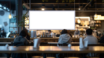 Blur cafe background with long blank ad frame for advertise product.