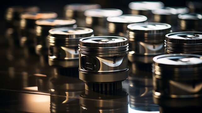 Precision engine pistons up close, with a warm light casting shadows, set in a somber scene