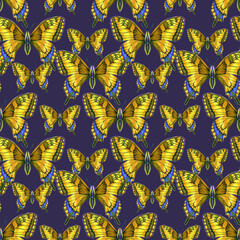 Bright patern of butterflies on yellow background. Drawn with markers. For fabric, sketchbook, wallpaper, wrapping paper.