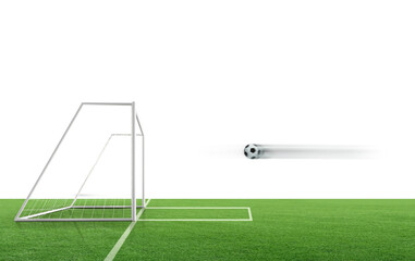 The soccer ball is flying into the goal on the soccer field. ball game concept, transparent background