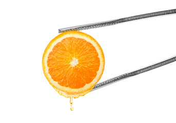 Tongs with slice. of orange juice dripping, transparent background