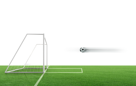 The soccer ball is flying into the goal on the soccer field. ball game concept, transparent background