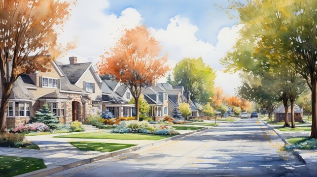 Suburban homes in warm sunlight, painted in a tranquil watercolor style, soft natural colors