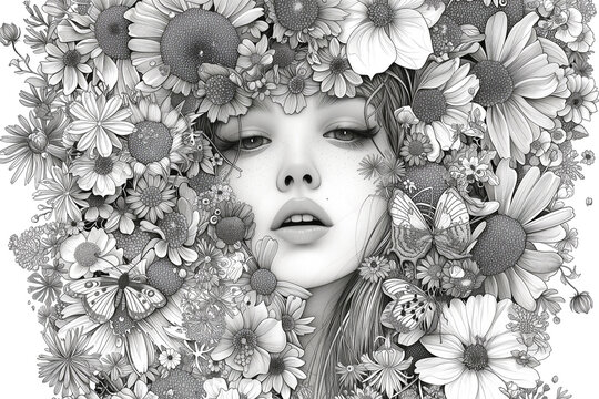 Antistress image of a beautiful girl with flowers. Picture for adult and children's coloring books.
