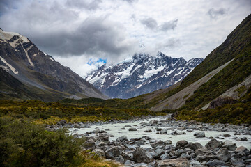 panorama of famous hooker valley trail from mount cook village to hooker lake, scenic hike in...