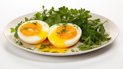 Halved eggs with vibrant yellow yolk and fresh green parsley leaves