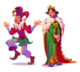 Naklejka premium Medieval people character cartoon vector set. Young woman queen or princess with crown in long dress and funny smiling male jester in clown costume. Ancient middle age history or fairytale person.
