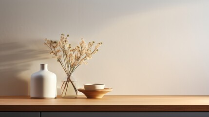 Minimalist kitchen counter, clean setup with wooden details, under natural, soft lighting