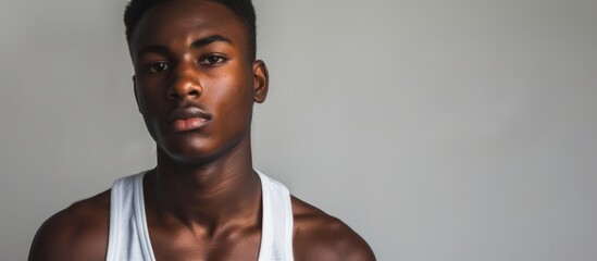 Stylish African American youth with an intense gaze in a blank sleeveless t-shirt, posing for the camera. - obrazy, fototapety, plakaty