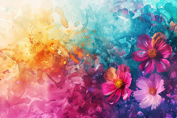 Generative AI Image of Watercolor Flowers Painting on Colorful Fluid Liquid Background