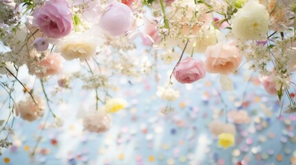 Overhead shot of pastel confetti and streamers artfully arranged on a vintage lace tablecloth, with the soft focus of a garden party in the background