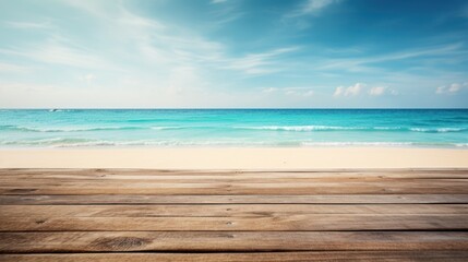 Fototapeta na wymiar On a tropical beach, a rustic wooden table overlooks the azure sea against a backdrop of clear blue sky.