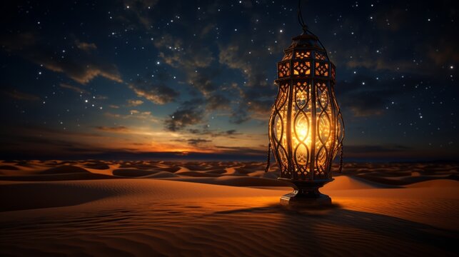 Vintage lamp casting warm light on sands against a starry night sky