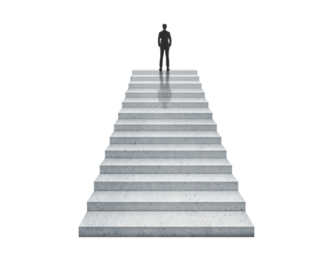 Vision concept. Successful businessman standing on staircase, transparent background