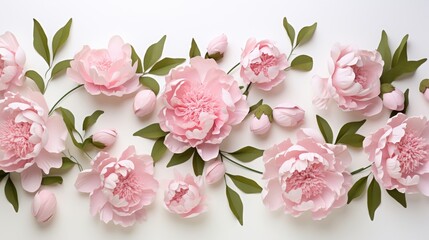 Scattered peonies with soft petals and leaves on a white background