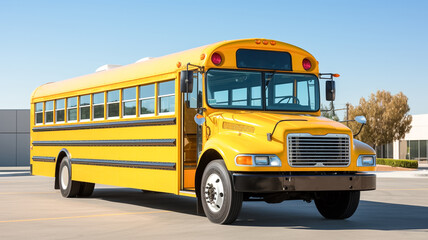 Traditional yellow school Bus parked near school.


