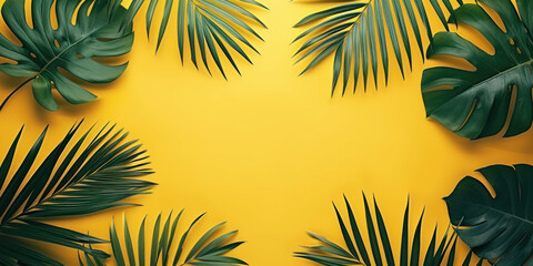 Fototapeta na wymiar Top view tropical tree leaves on yellow background, Flat lay Minimal fashion summer holiday vacation concept
