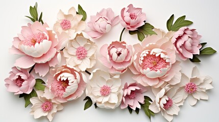 Scattered peonies with soft petals and leaves on a white background