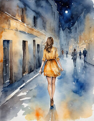 watercolor drawing Beautiful young woman walking through night city street