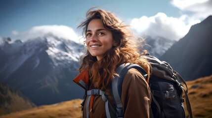 Naklejka premium beautiful young woman tourist with a backpack on a hike in the mountains. tourism and outdoor travel.