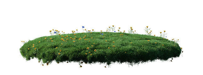 Round surface patch covered with flowers, green or dry grass isolated on white background....