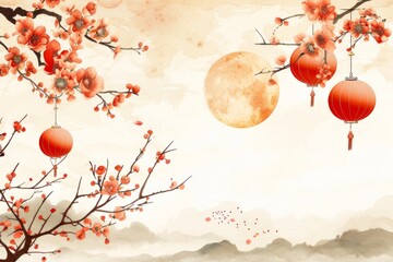 Background wallpaper with the theme of Chinese New Year / Lunar New Year for social media post - obrazy, fototapety, plakaty