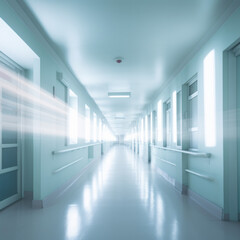 Soft focus image of hospital or clinic corridor with bright lights and streaming ethereal light at the end, very clean, no people, with copy space