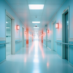 Soft focus image of hospital or clinic corridor with red lights and light at the end, very clean, no people, with copy space