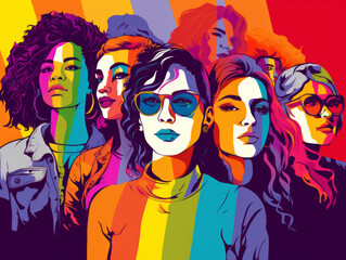 Pop art illustration of stylish young diverse people with Pride flag and rainbow background positive emotion, bold colors and dynamic energy