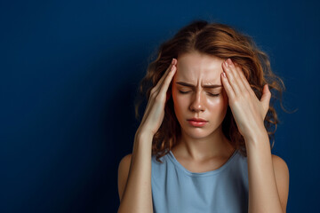 Fototapeta premium Portrait of a young woman suffering from headache on blue background