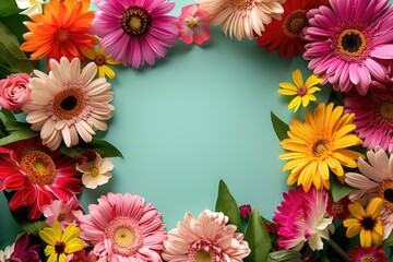 Floral composition on a turquoise background, space for text, concept of Valentine Day, Mother Day, Women Day, wedding day