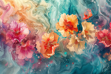 Generative AI Image of Watercolor Hibiscus Flowers Painting on Fluid Liquid Texture Background