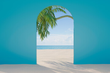 Palm trees sway gently on a sandy beach beside the sparkling ocean, creating a serene tropical paradise