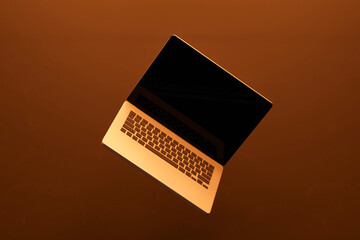 3D Rendering : Illustration of laptop notebook mock up with color background. float or levitate laptop. technology gadget for hipster background concept. high resolution