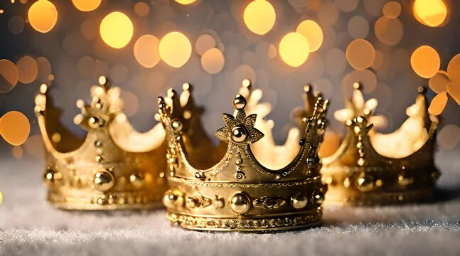 Three sparkling golden crowns signify luxury. Gold particle background 