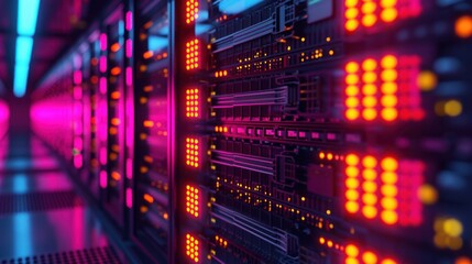 The intense red LED lights cast a glow on the high-capacity server racks within the data center, offering a perspective view that symbolizes digital power and the storage of vast amounts of data.