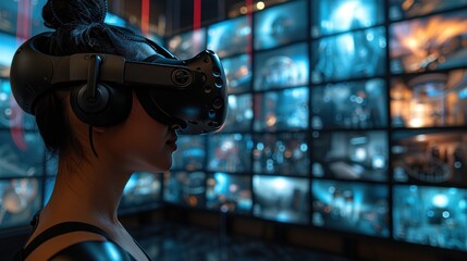 A woman is immersed in a virtual reality simulation, wearing a VR headset, standing before a wall of monitors displaying various digital interfaces.