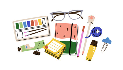 Stationery supplies, art tools, accessories, top view. Sketchbook, paint, brush, glasses composition. Notebook, pen, paper note, tape, eyeglasses. Flat vector illustration isolated on white background - 729047570