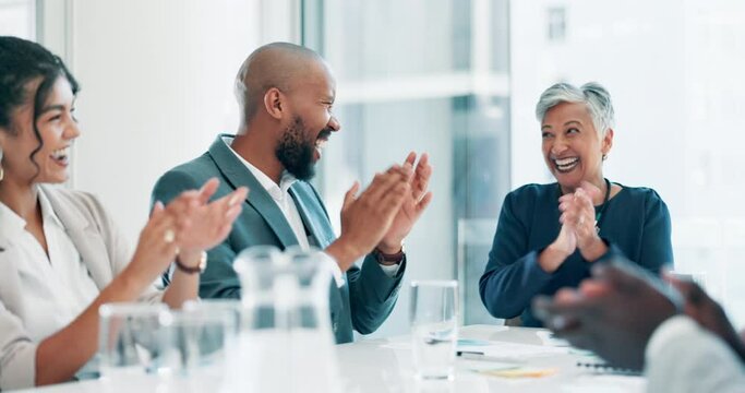 Fist bump, clapping hands and business people in office with good news, achievement or success. Happy, applause and team of professional lawyers in meeting for celebration in workplace boardroom.