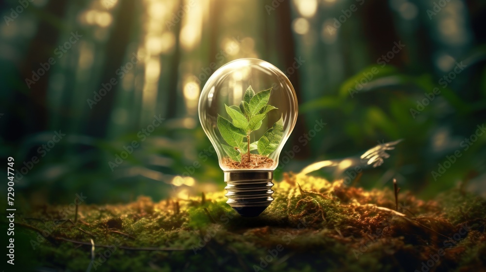 Wall mural eco friendly lightbulb glowing light with green forest inside with nature background, green energy