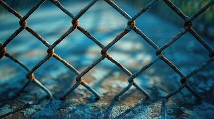 The calm of day's end is beautifully captured as the golden hour light filters through a chain-link fence, casting intricate shadows on the pavement and infusing the scene with tranquility.