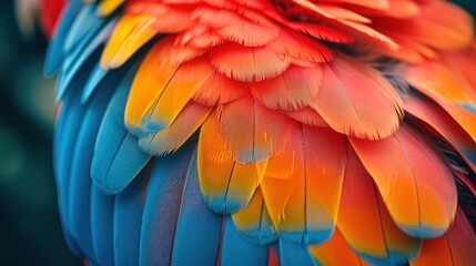 A close-up view of the brilliantly colored feathers of a macaw parrot, showcasing a spectrum of vibrant reds, blues, and yellows with exquisite detail.