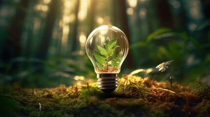 Eco friendly lightbulb glowing light with green forest inside with nature background, Green Energy - obrazy, fototapety, plakaty
