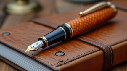 An elegant fountain pen, adorned with a detailed nib, rests delicately on the cover of a leather-bound journal, evoking the enduring tradition of writing and journaling.