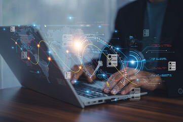 Man using computer for Data science and big data technology. Scientist computing, analyzing and visualizing complex data set on computer. Data mining, artificial intelligence, machine learning.